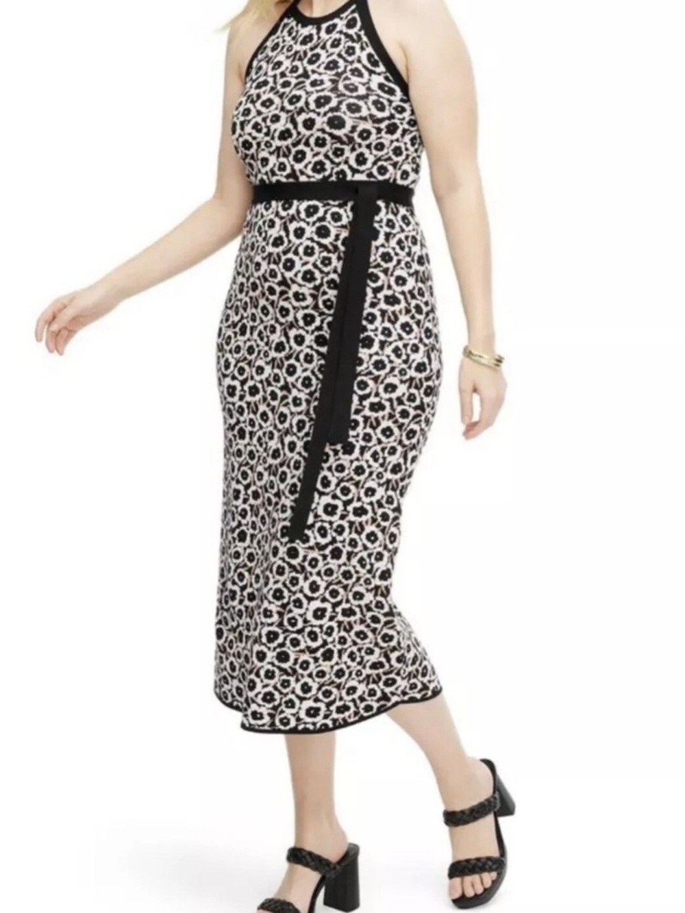 Diane Von Furstenberg Halter neck Floral Neutral Poppy sweater knit Midi Dress L
